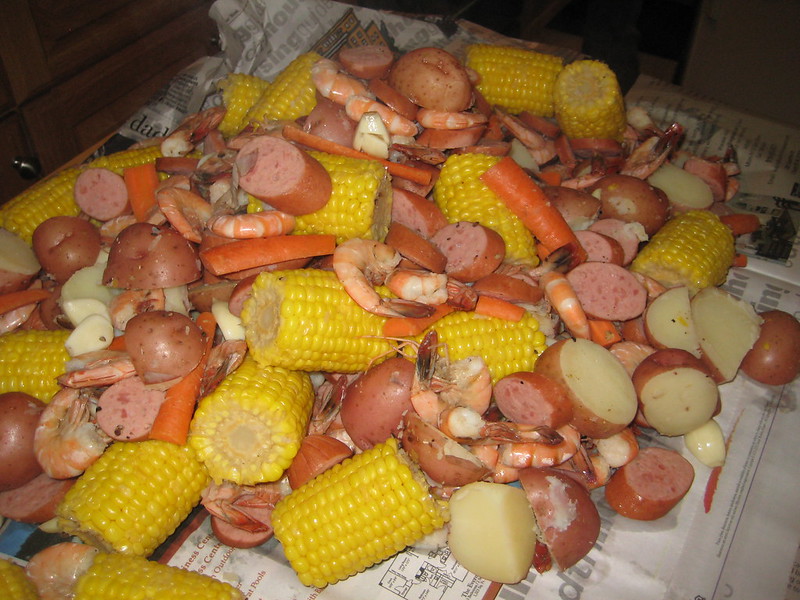 Seafood boil on table